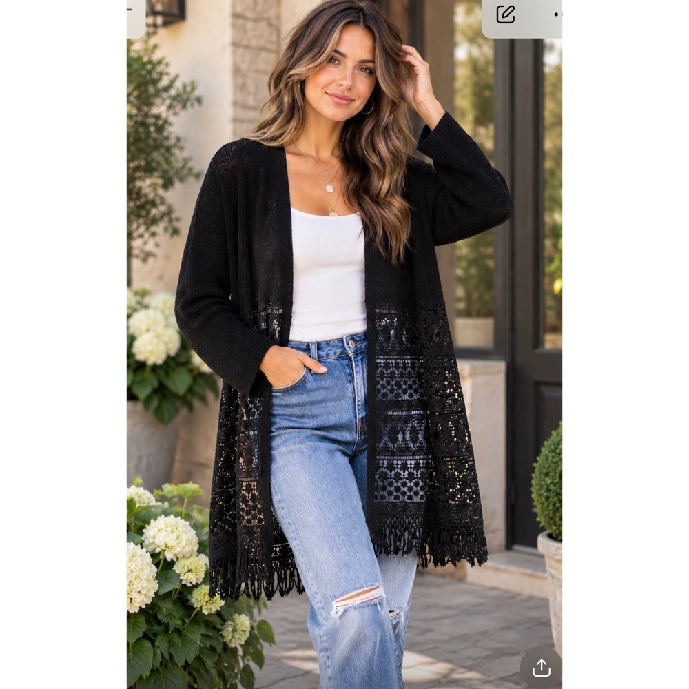 Black Lace Duster Cardigan Long Sleeve Fringe Hem Boho Crochet Open Front Kimono